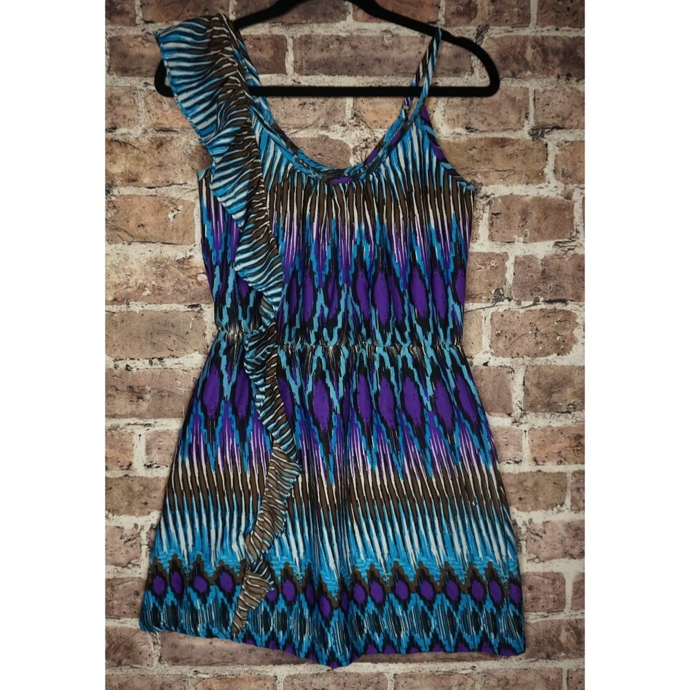 VTG Y2K DEB Women M Ruffle Spaghetti Strap Dress Geometric Mini Party Cocktail
